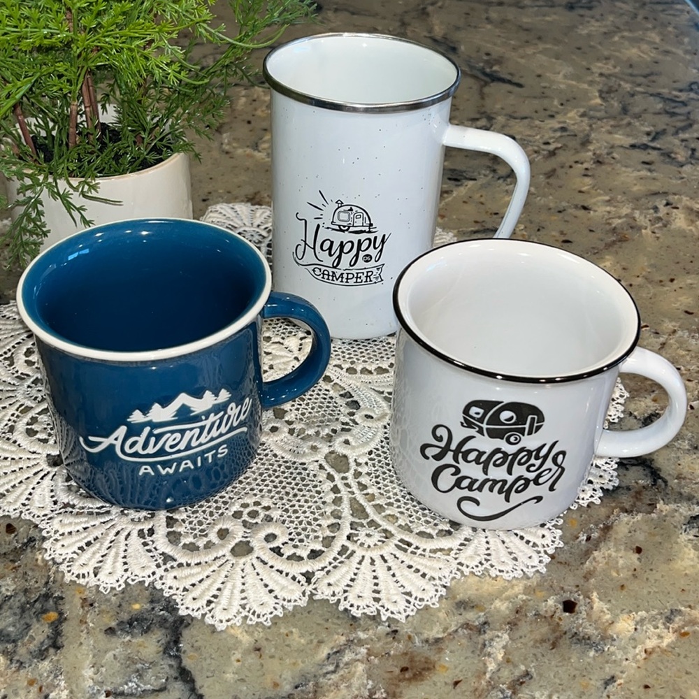 Crofton 12.5 fl. oz Happy Camper Coffee Mugs, Ceramic and Enamel, Set of 3 NWOT
